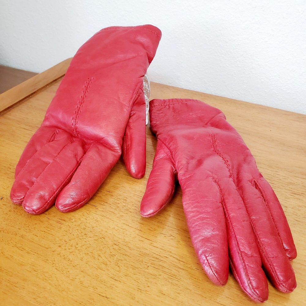 VTG 50 60's Grandoe Red Leather Fur Lined Driving Gloves Casual Fancy Party SZ M